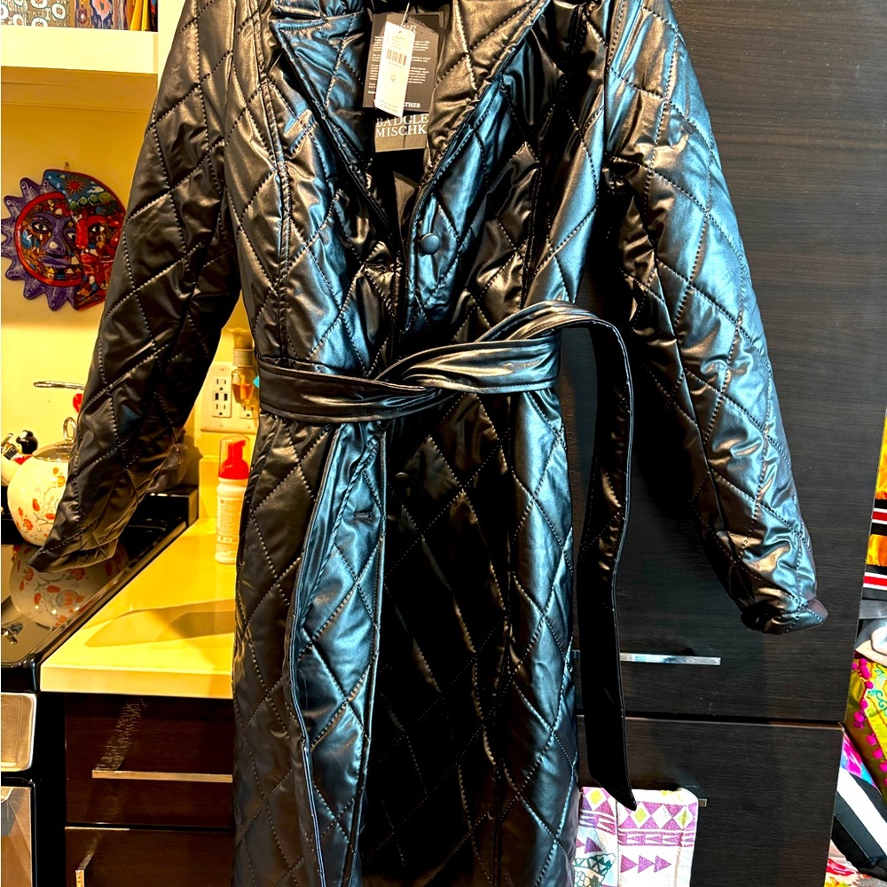 Black, faux leather, quilted trench jacket
